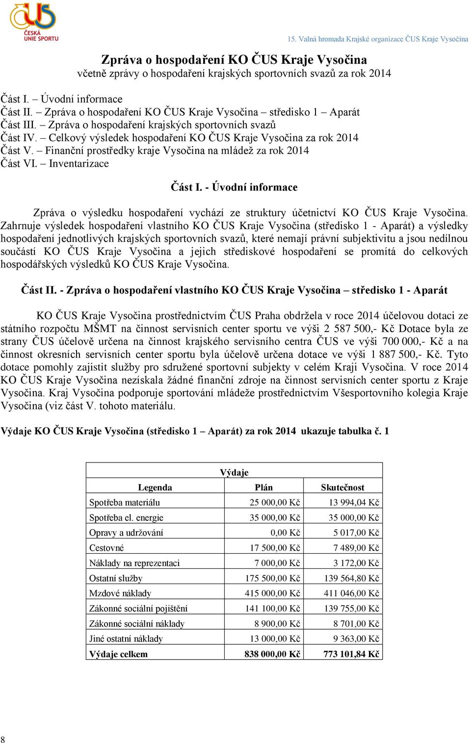 Finanční prostředky kraje Vysočina na mládež za rok 2014 Část VI. Inventarizace Část I. - Úvodní informace Zpráva o výsledku hospodaření vychází ze struktury účetnictví KO ČUS Kraje Vysočina.