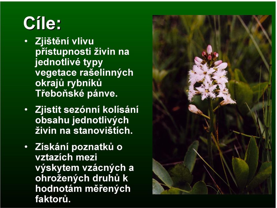 Zjistit sezónní kolísání obsahu jednotlivých živin na stanovištích.
