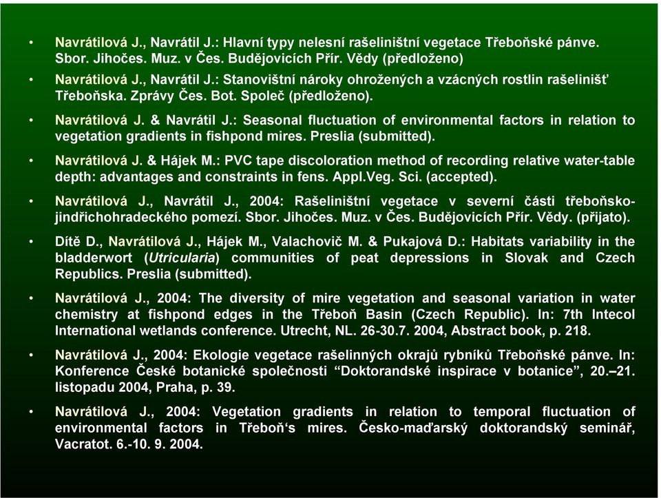 Navrátilová J. & Hájek M.: PVC tape discoloration method of recording relative water-table depth: advantages and constraints in fens. Appl.Veg. Sci. (accepted). Navrátilová J., Navrátil J.