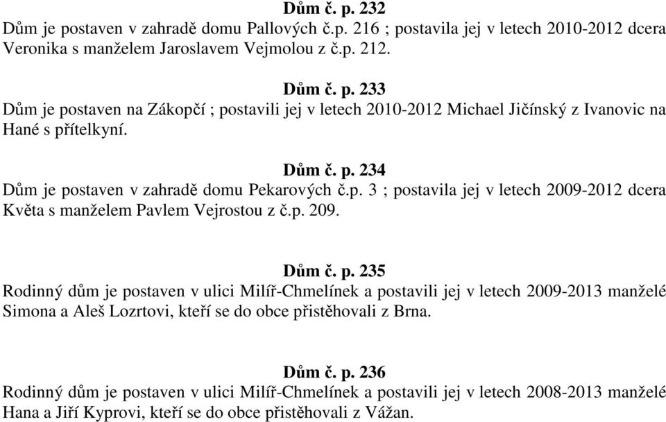 Dům č. p. 236 Rodinný dům je postaven v ulici Milíř-Chmelínek a postavili jej v letech 2008-2013 manželé Hana a Jiří Kyprovi, kteří se do obce přistěhovali z Vážan.