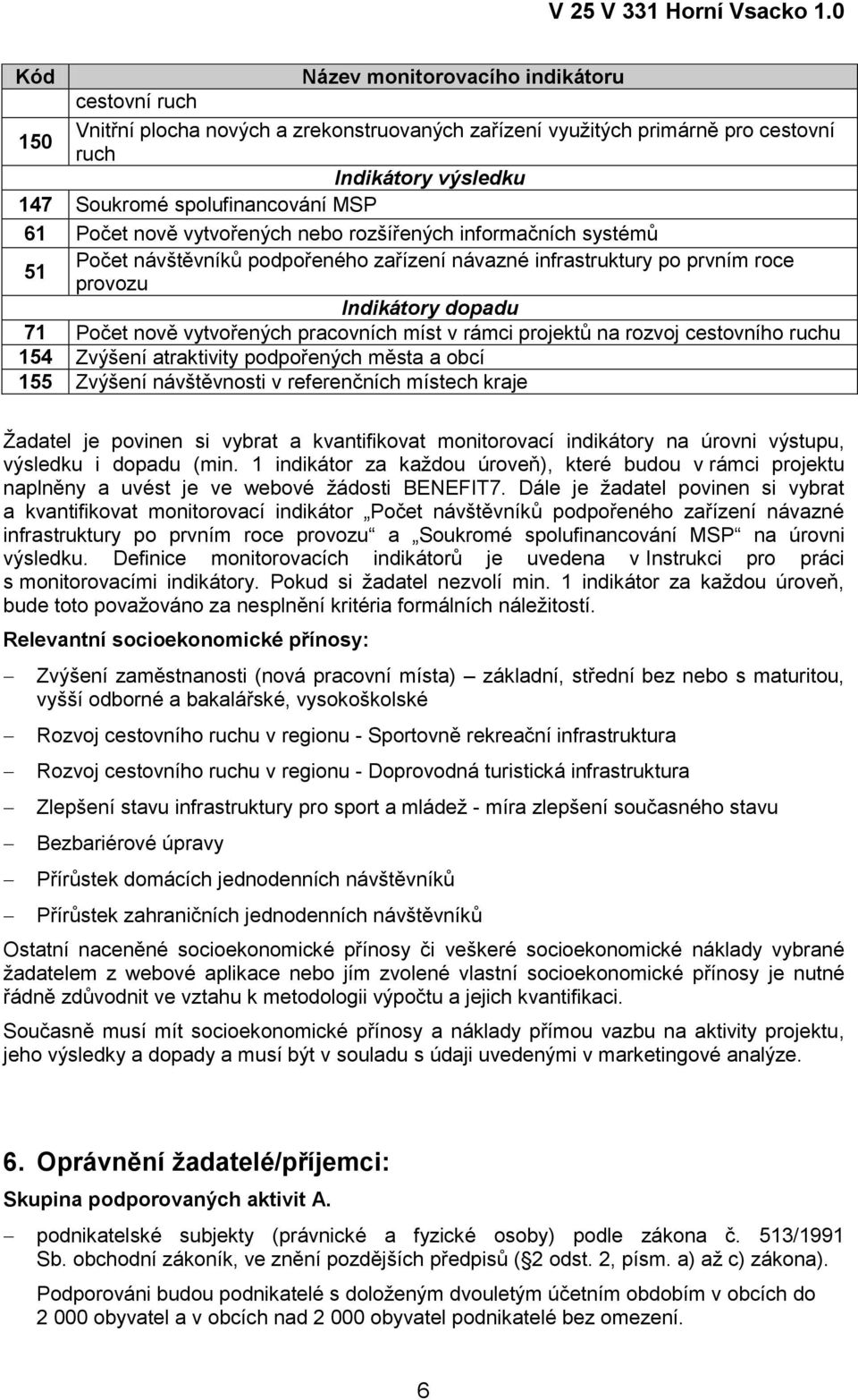 pracovních míst v rámci projektů na rozvoj cestovního ruchu 154 Zvýšení atraktivity podpořených města a obcí 155 Zvýšení návštěvnosti v referenčních místech kraje Žadatel je povinen si vybrat a