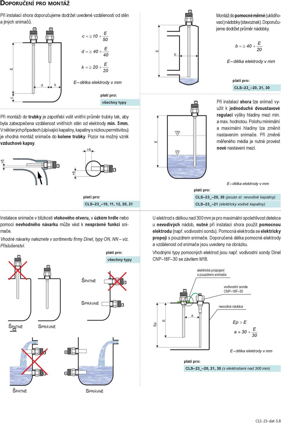 30 + délk elektrody d pltí pro: v mm 30 d k d k = 30 + + CLS 23_, 21, 30 30 pltí pro: všehny typy p= > 10 + 50 Při montáži do truky je zpotřeí volit vnitřní průměr truky tk, y yl zezpečen vzdálenost