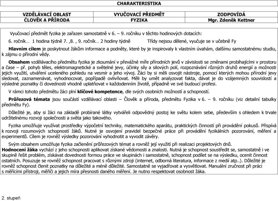 ročník 2 hodiny týdně Třídy nejsou dělené, vyučuje se v učebně Fy Hlavním cílem je poskytnout žákům informace a podněty, které by je inspirovaly k vlastním úvahám, dalšímu samostatnému studiu, k