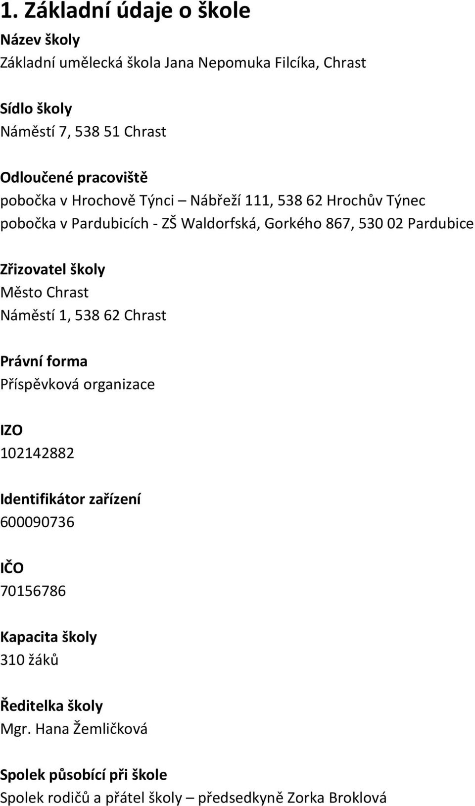 Zřizovatel školy Město Chrast Náměstí 1, 538 62 Chrast Právní forma Příspěvková organizace IZO 102142882 Identifikátor zařízení 600090736 IČO