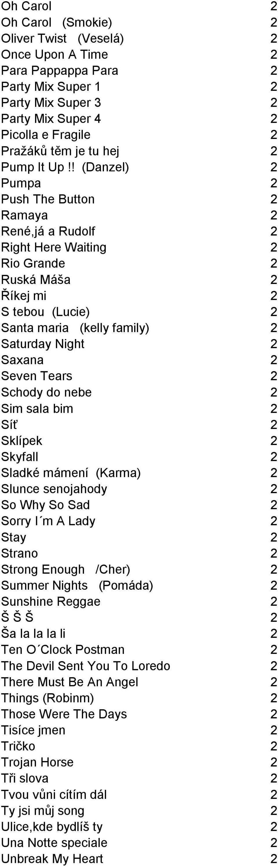 ! (Danzel) 2 Pumpa 2 Push The Button 2 Ramaya 2 René,já a Rudolf 2 Right Here Waiting 2 Rio Grande 2 Ruská Máša 2 Říkej mi 2 S tebou (Lucie) 2 Santa maria (kelly family) 2 Saturday Night 2 Saxana 2