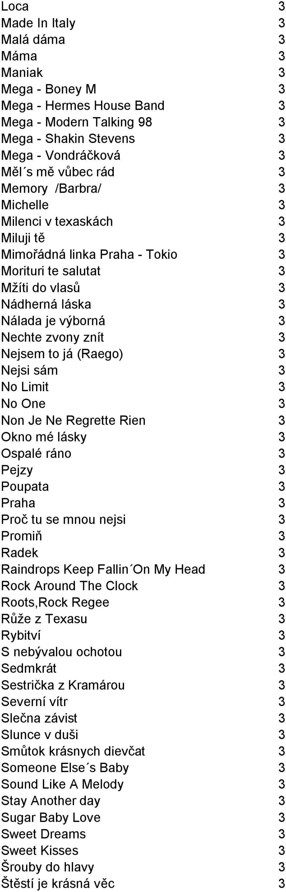 (Raego) 3 Nejsi sám 3 No Limit 3 No One 3 Non Je Ne Regrette Rien 3 Okno mé lásky 3 Ospalé ráno 3 Pejzy 3 Poupata 3 Praha 3 Proč tu se mnou nejsi 3 Promiň 3 Radek 3 Raindrops Keep Fallin On My Head 3