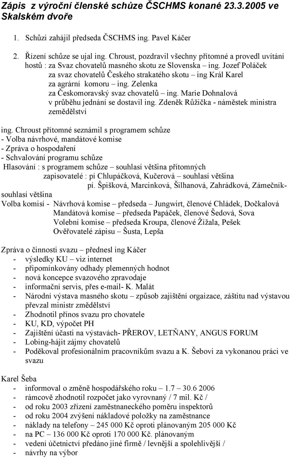 Jozef Poláček za svaz chovatelů Českého strakatého skotu ing Král Karel za agrární komoru ing. Zelenka za Českomoravský svaz chovatelů ing. Marie Dohnalová v průběhu jednání se dostavil ing.