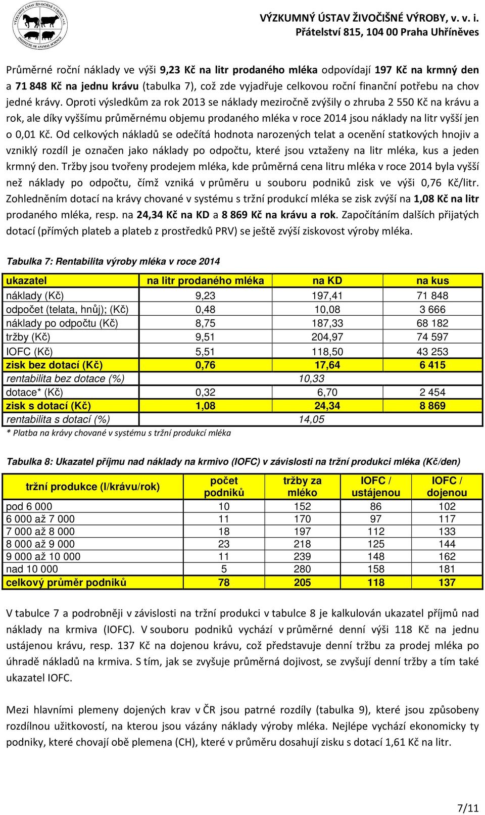 Oproti výsledkům za rok 2013 se náklady meziročně zvýšily o zhruba 2 550 Kč na krávu a rok, ale díky vyššímu průměrnému objemu prodaného mléka v roce 2014 jsou náklady na litr vyšší jen o 0,01 Kč.