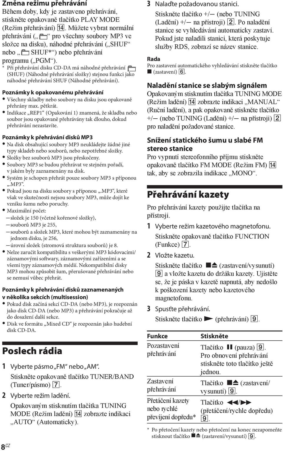 * Při přehrávání disku CD-DA má náhodné přehrávání (SHUF) (Náhodné přehrávání složky) stejnou funkci jako náhodné přehrávání SHUF (Náhodné přehrávání).