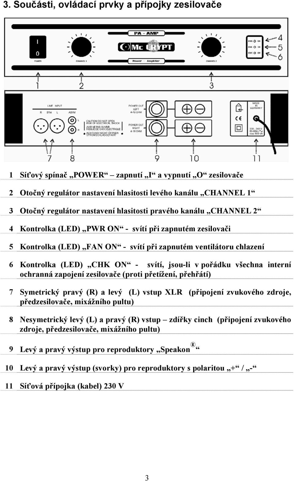 jsou-li v pořádku všechna interní ochranná zapojení zesilovače (proti přetížení, přehřátí) 7 Symetrický pravý (R) a levý (L) vstup XLR (připojení zvukového zdroje, předzesilovače, mixážního pultu) 8