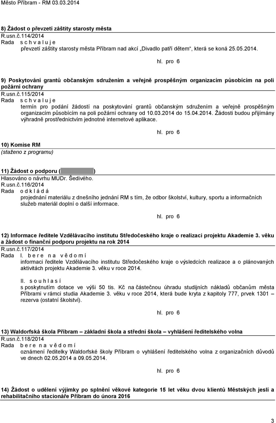 10) Komise RM (staženo z programu) 11) Ţádost o podporu ( ) Hlasováno o návrhu MUDr. Šedivého. R.usn.č.