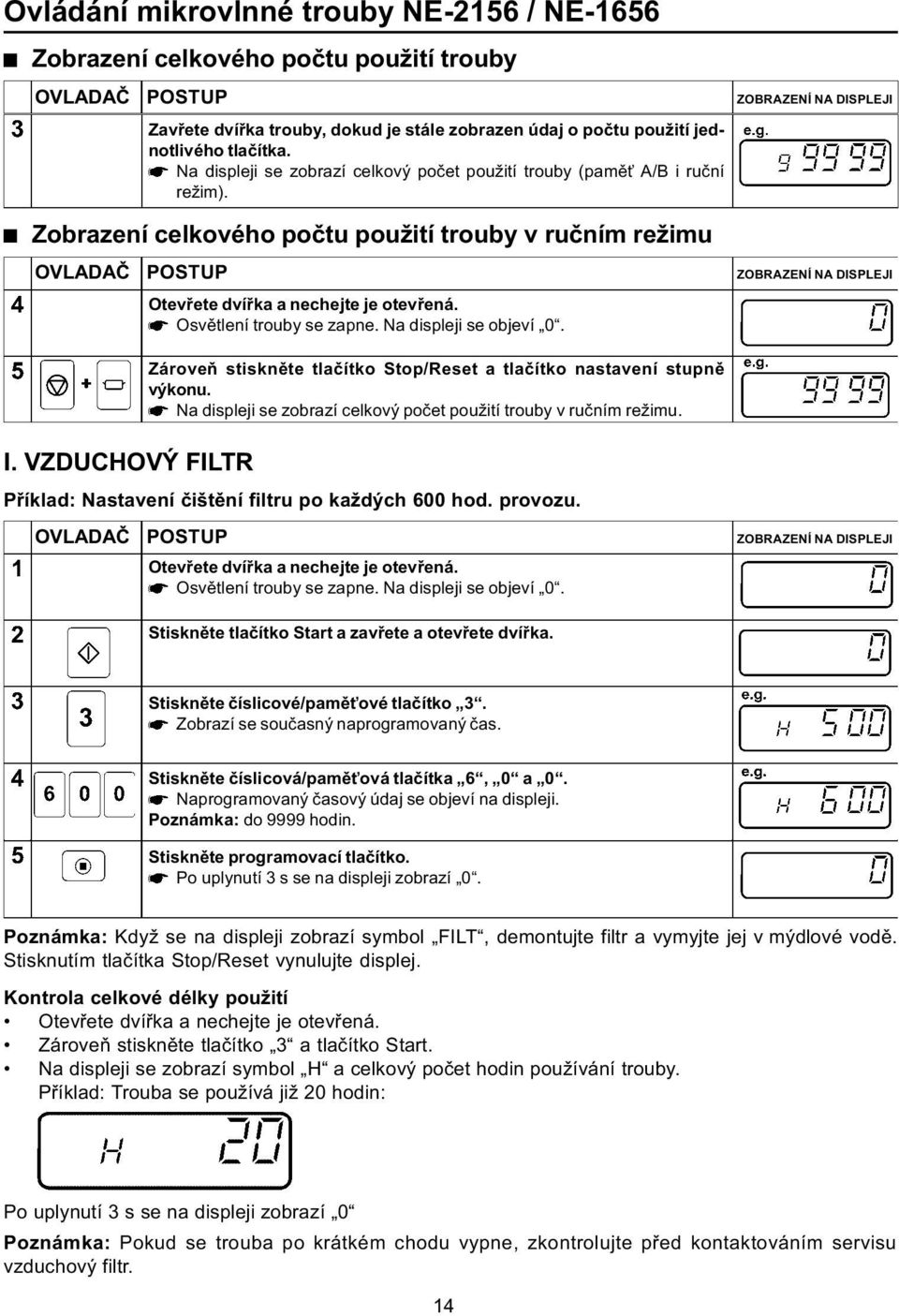 Osvìtlení trouby se zapne. Na displeji se objeví 0. I. VZDUCHOVÝ ILTR Zároveò stisknìte tlaèítko Stop/Reset a tlaèítko nastavení stupnì výkonu.