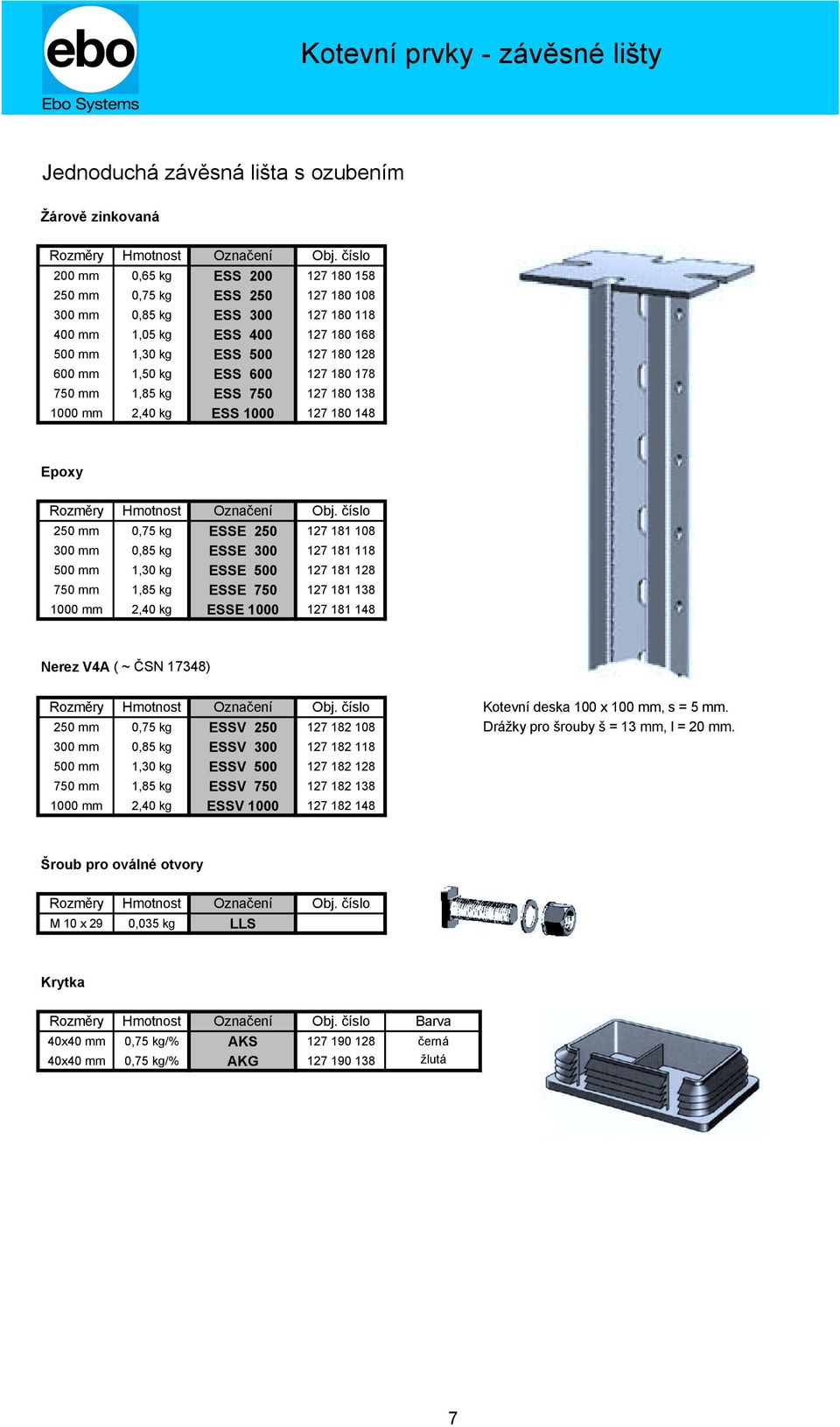 181 108 300 mm 0,85 kg ESSE 300 127 181 118 500 mm 1,30 kg ESSE 500 127 181 128 750 mm 1,85 kg ESSE 750 127 181 138 1000 mm 2,40 kg ESSE 1000 127 181 148 Nerez V4A ( ~ ČSN 17348) Kotevní deska 100 x