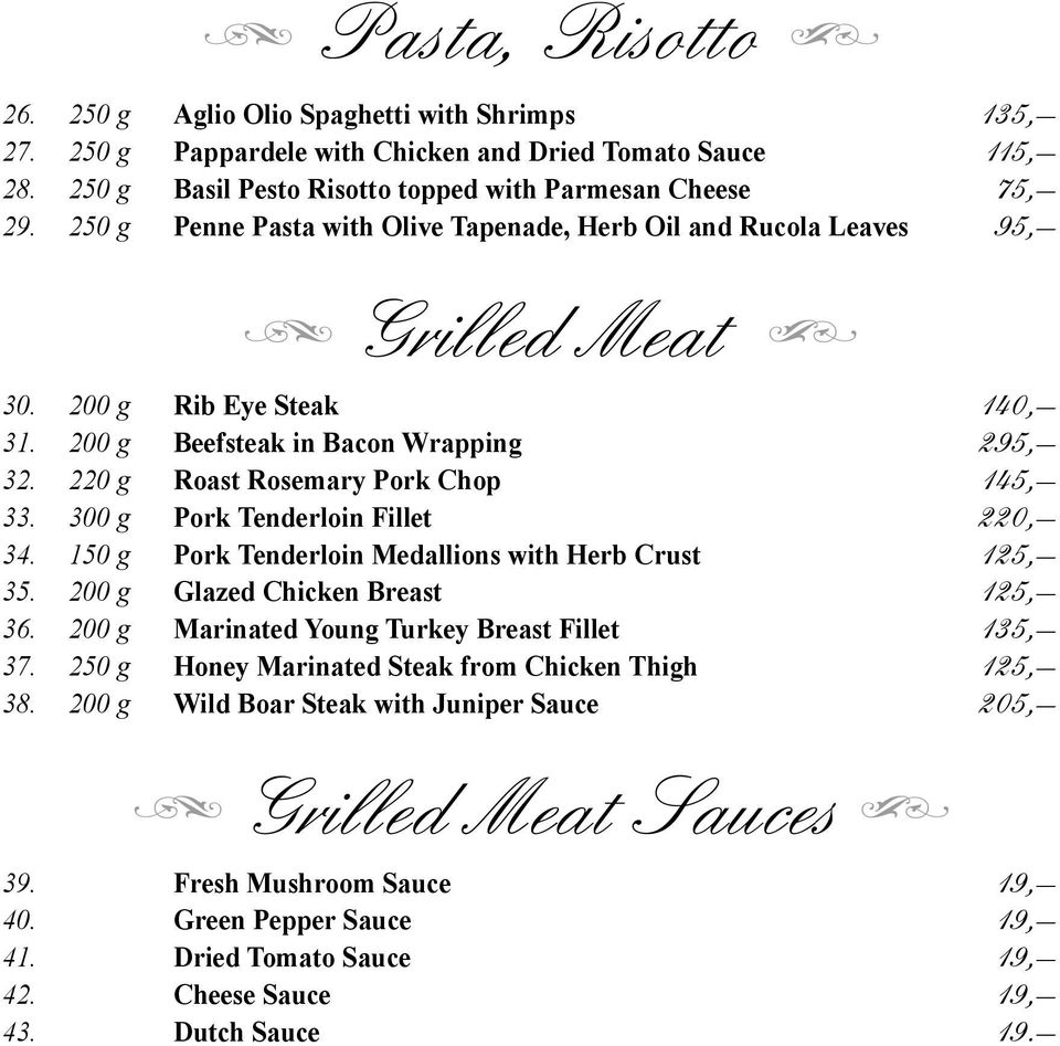 300 g Pork Tenderloin Fillet 220, 34. 150 g Pork Tenderloin Medallions with Herb Crust 125, 35. 200 g Glazed Chicken Breast 125, 36. 200 g Marinated Young Turkey Breast Fillet 135, 37.