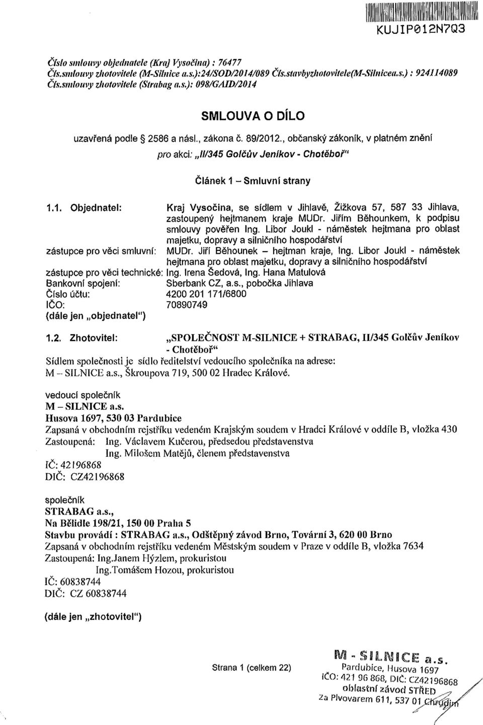 , občanský zákoník, v platném znění pro akci; JI/345 Golčův Jeníkov - Chotěboř" Článek 1 