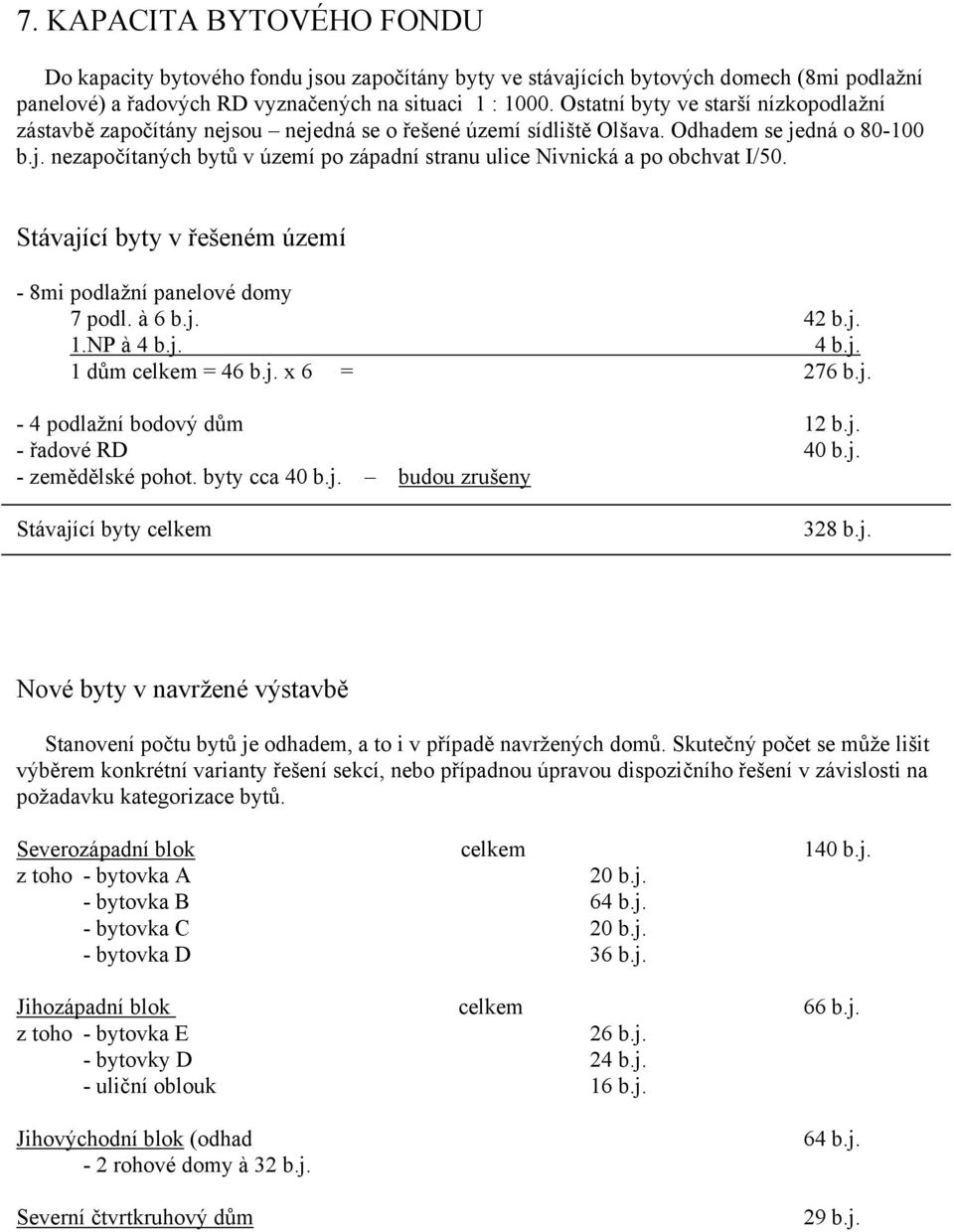 Stávající byty v řešeném území - 8mi podlažní panelové domy 7 podl. à 6 b.j. 42 b.j. 1.NP à 4 b.j. 4 b.j. 1 dům celkem = 46 b.j. x 6 = 276 b.j. - 4 podlažní bodový dům 12 b.j. - řadové RD 40 b.j. - zemědělské pohot.
