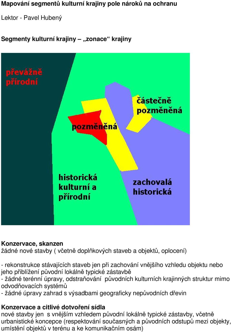 odstraňování původních kulturních krajinných struktur mimo odvodňovacích systémů - žádné úpravy zahrad s výsadbami geograficky nepůvodních dřevin Konzervace a citlivé dotvoření sídla nové