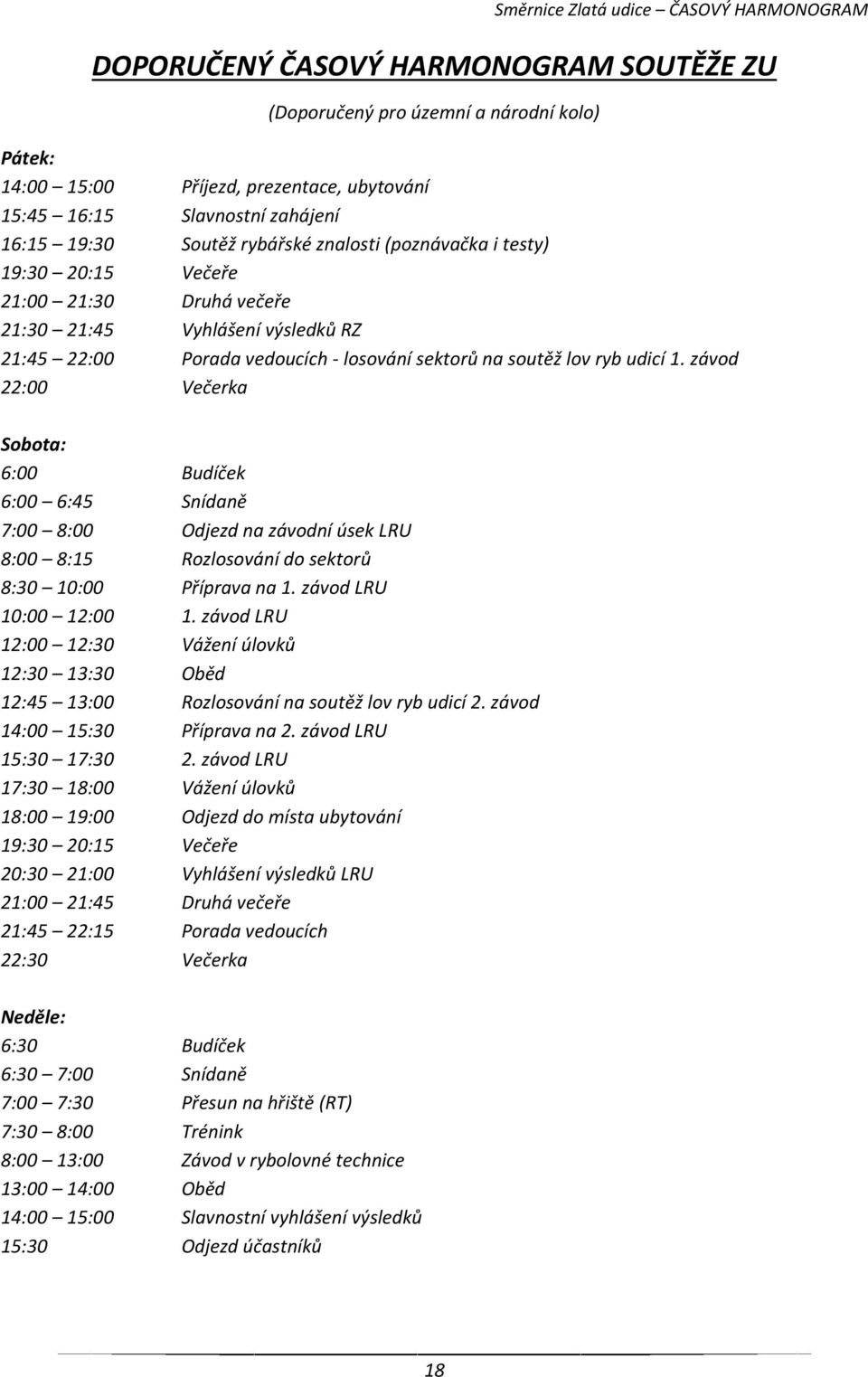 ryb udicí 1. závod 22:00 Večerka Sobota: 6:00 Budíček 6:00 6:45 Snídaně 7:00 8:00 Odjezd na závodní úsek LRU 8:00 8:15 Rozlosování do sektorů 8:30 10:00 Příprava na 1. závod LRU 10:00 12:00 1.