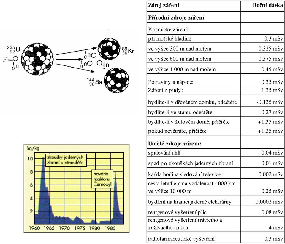 zbraní každá hodina sledování televize cesta letadlem na vzdálenost 4000 km ve výšce 10 000 m bydlení na hranici jaderné elektrárny rentgenové vyšetření plic rentgenové vyšetření trávicího a