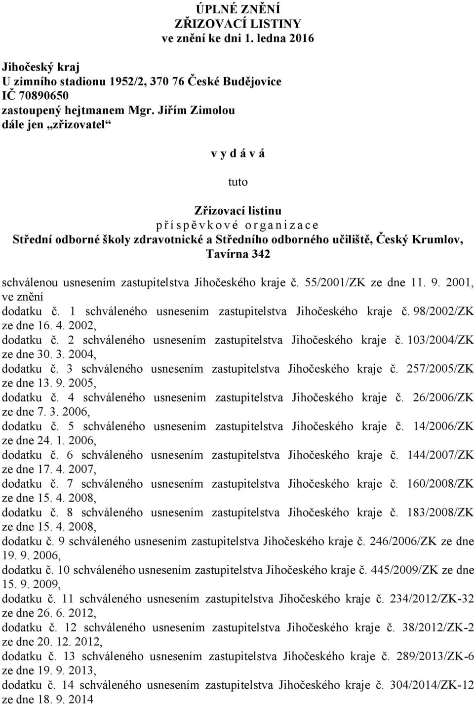 Tavírna 342 schválenou usnesením zastupitelstva Jihočeského kraje č. 55/2001/ZK ze dne 11. 9. 2001, ve znění dodatku č. 1 schváleného usnesením zastupitelstva Jihočeského kraje č.