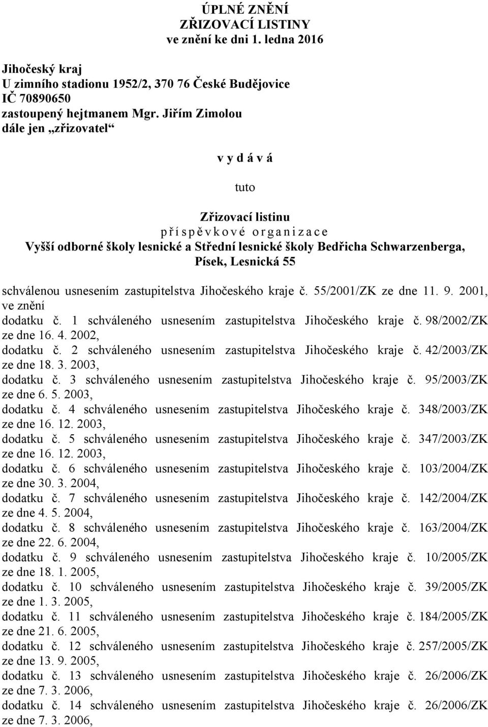 Lesnická 55 schválenou usnesením zastupitelstva Jihočeského kraje č. 55/2001/ZK ze dne 11. 9. 2001, ve znění dodatku č. 1 schváleného usnesením zastupitelstva Jihočeského kraje č.