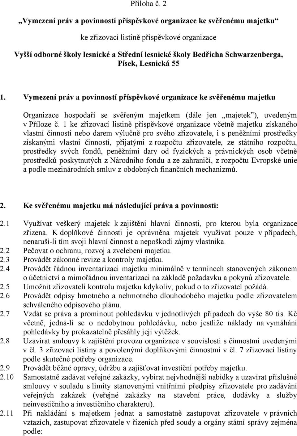 Písek, Lesnická 55 1. Vymezení práv a povinností příspěvkové organizace ke svěřenému majetku Organizace hospodaří se svěřeným majetkem (dále jen majetek ), uvedeným v Příloze č.