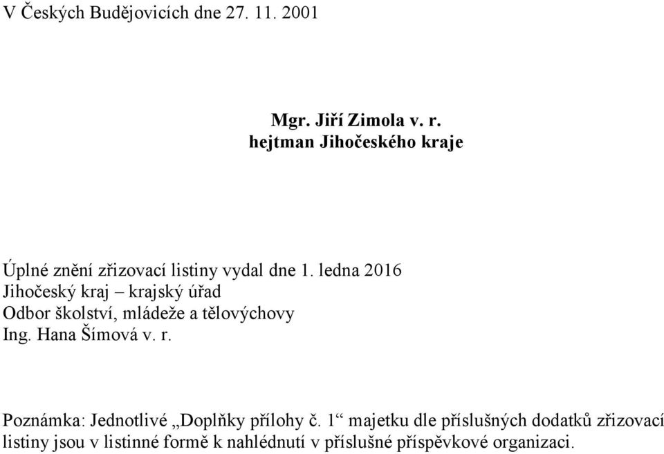 ledna 2016 Jihočeský kraj krajský úřad Odbor školství, mládeže a tělovýchovy Ing. Hana Šímová v. r.