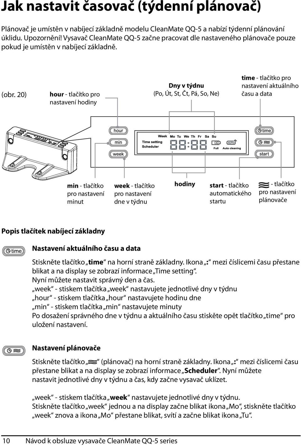 20) hour - tlačítko pro nastavení hodiny Dny v týdnu (Po, Út, St, Čt, Pá, So, Ne) time - tlačítko pro nastavení aktuálního času a data min - tlačítko pro nastavení minut week - tlačítko pro nastavení