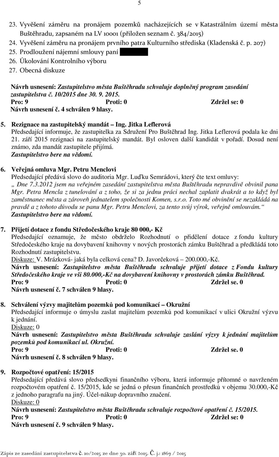 Obecná diskuze Návrh usnesení: Zastupitelstvo města Buštěhradu schvaluje doplněný program zasedání zastupitelstva č. 10/2015 dne 30. 9. 2015. Návrh usnesení č. 4 schválen 9 hlasy. 5.