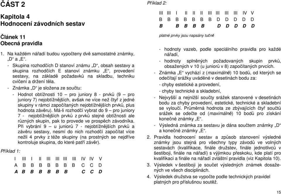 - Známka D je složena ze součtu: - Hodnot obtížnosti 10 pro juniory 8 - prvků (9 pro juniory 7) nejobtížnějších, avšak ne více než čtyř z jedné skupiny v rámci započítaných nejobtížnějších prvků,