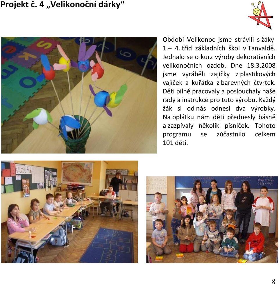 2008 jsme vyráběli zajíčky z plastikových vajíček a kuřátka z barevných čtvrtek.