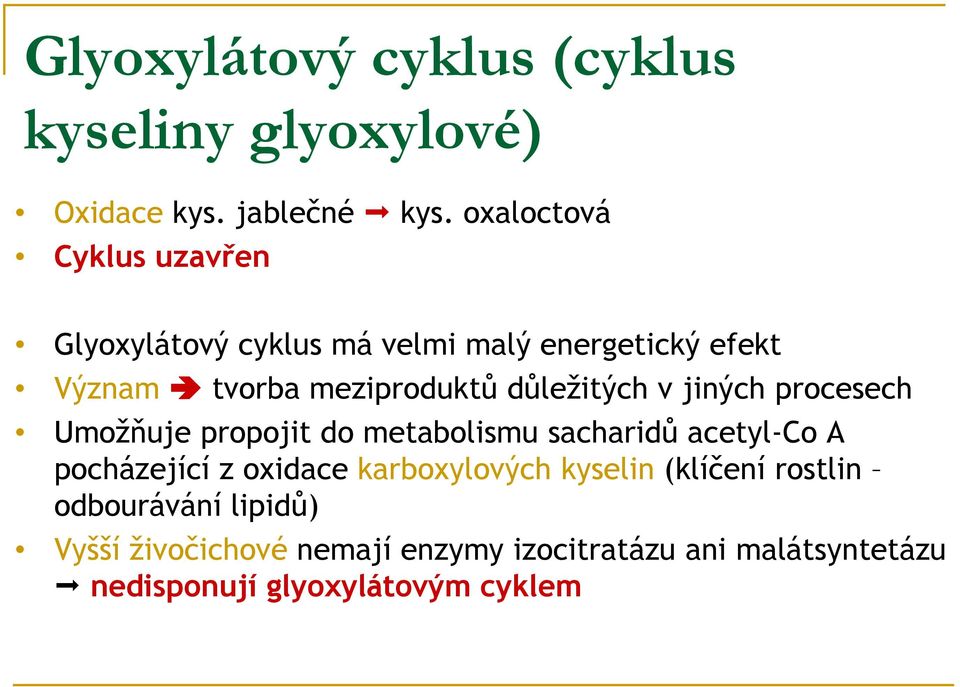 důležitých v jiných procesech Umožňuje propojit do metabolismu sacharidů acetyl-co A pocházející z oxidace