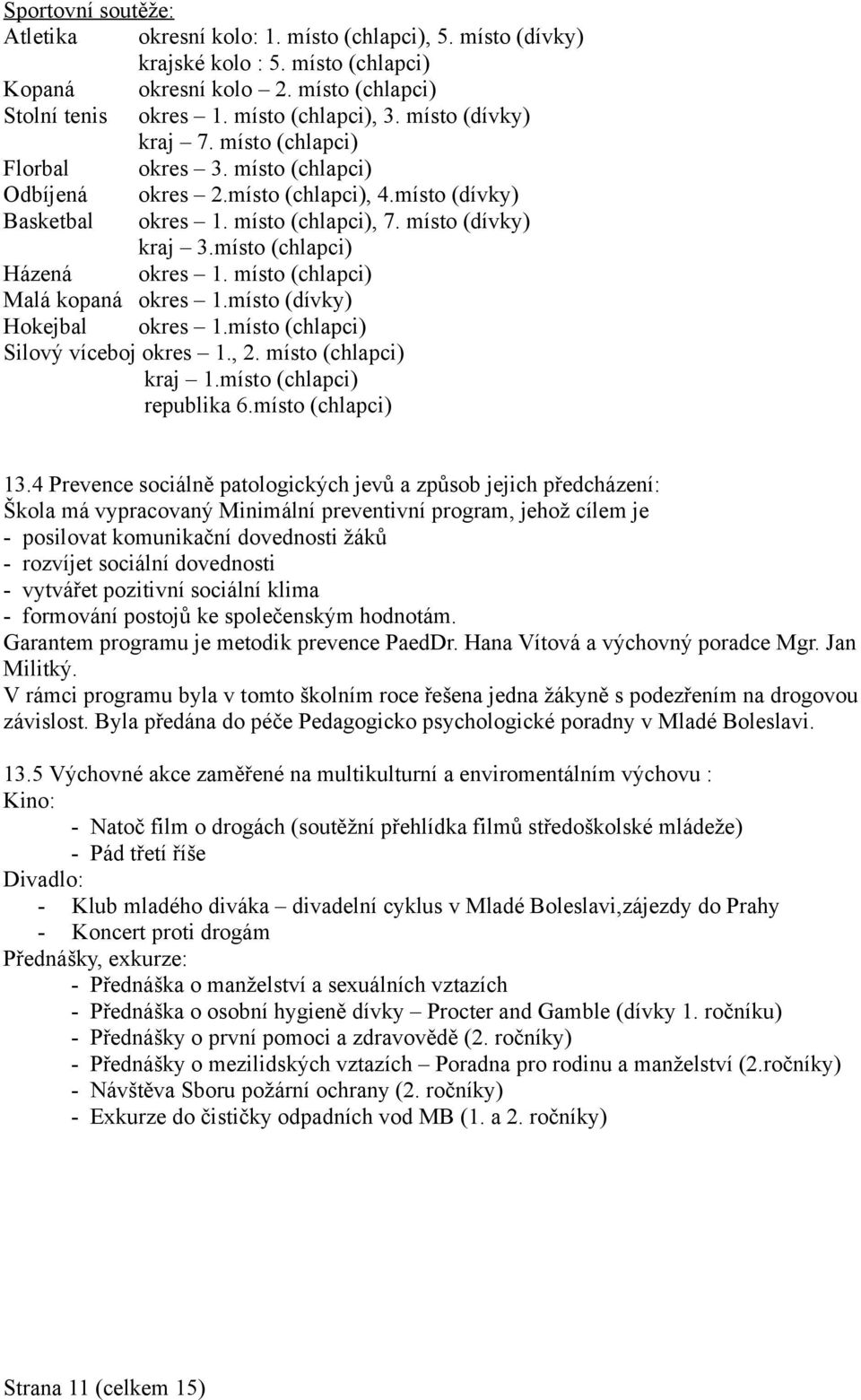 místo (chlapci) Házená okres 1. místo (chlapci) Malá kopaná okres 1.místo (dívky) Hokejbal okres 1.místo (chlapci) Silový víceboj okres 1., 2. místo (chlapci) kraj 1.místo (chlapci) republika 6.