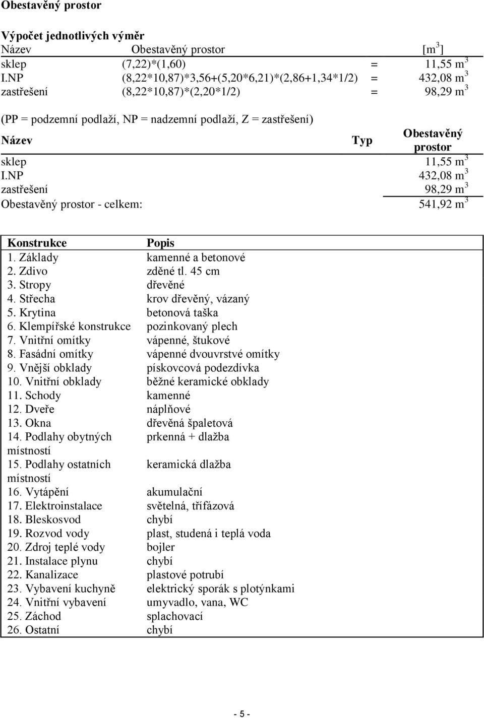 prostor sklep 11,55 m 3 I.NP 432,08 m 3 zastřešení 98,29 m 3 Obestavěný prostor - celkem: 541,92 m 3 Konstrukce Popis 1. Základy kamenné a betonové 2. Zdivo zděné tl. 45 cm 3. Stropy dřevěné 4.