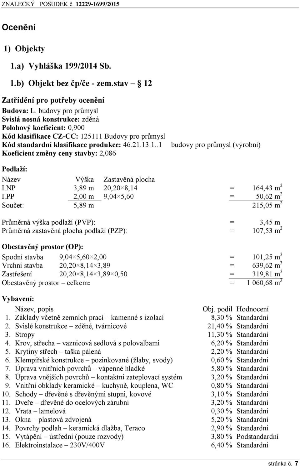 5111 Budovy pro průmysl Kód standardní klasifikace produkce: 46.21.13.1..1 Koeficient změny ceny stavby: 2,086 budovy pro průmysl (výrobní) Podlaží: Název Výška Zastavěná plocha I.