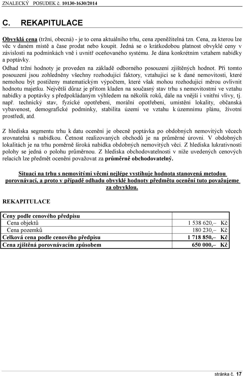Odhad tržní hodnoty je proveden na základě odborného posouzení zjištěných hodnot.