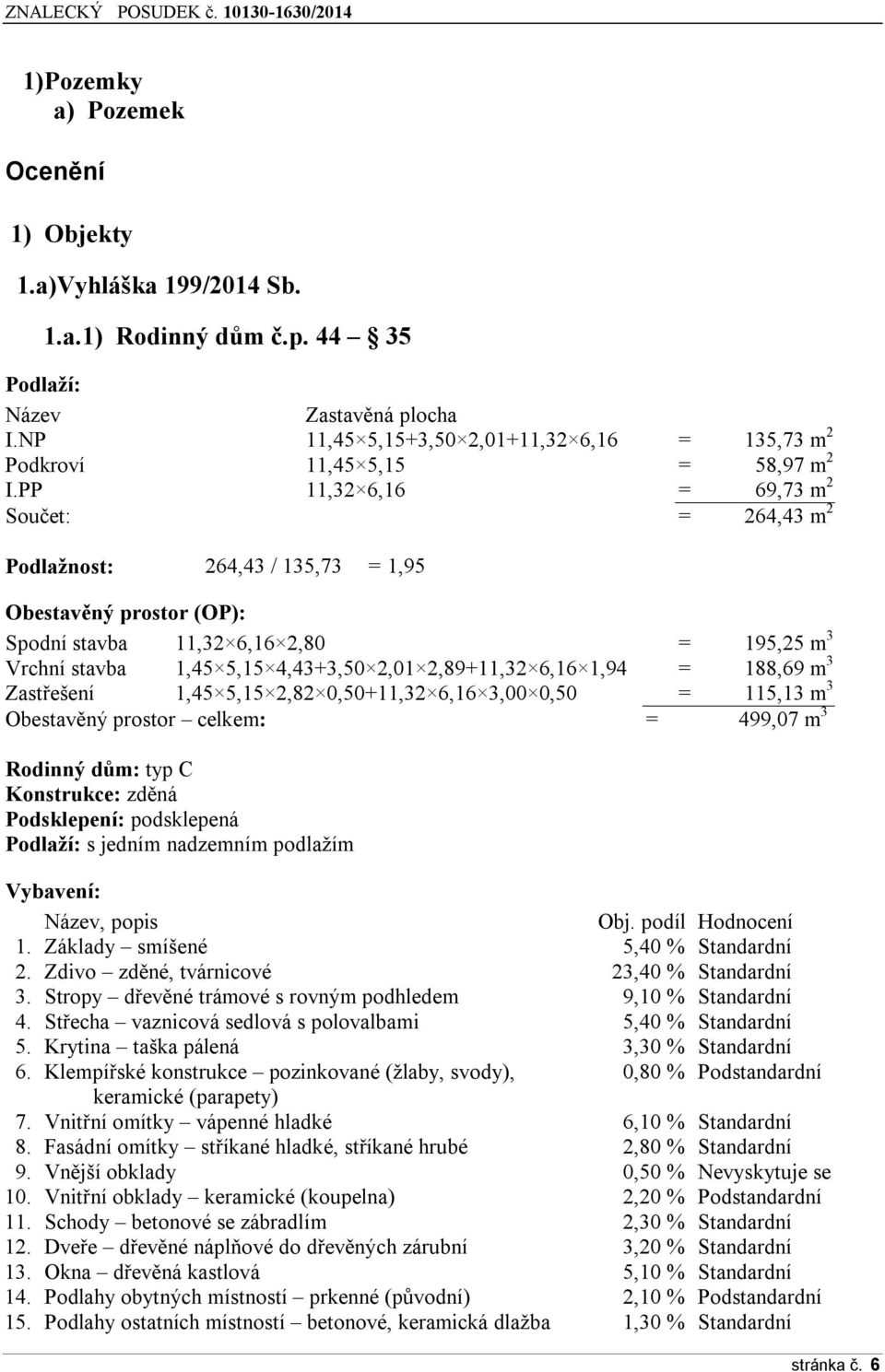 PP 11,32 6,16 = 69,73 m 2 Součet: = 264,43 m 2 Podlažnost: 264,43 / 135,73 = 1,95 Obestavěný prostor (OP): Spodní stavba 11,32 6,16 2,80 = 195,25 m 3 Vrchní stavba 1,45 5,15 4,43+3,50 2,01 2,89+11,32