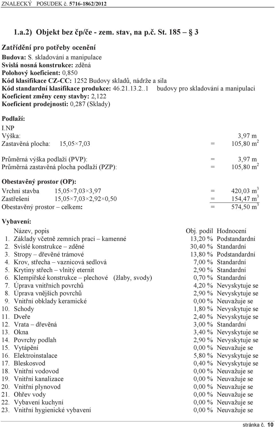 2 Budovy skladů, nádrže a sila Kód standardní klasifikace produkce: 46.21.13.2..1 budovy pro skladování a manipulaci Koeficient změny ceny stavby: 2,122 Koeficient prodejnosti: 0,287 (Sklady) Podlaží: I.