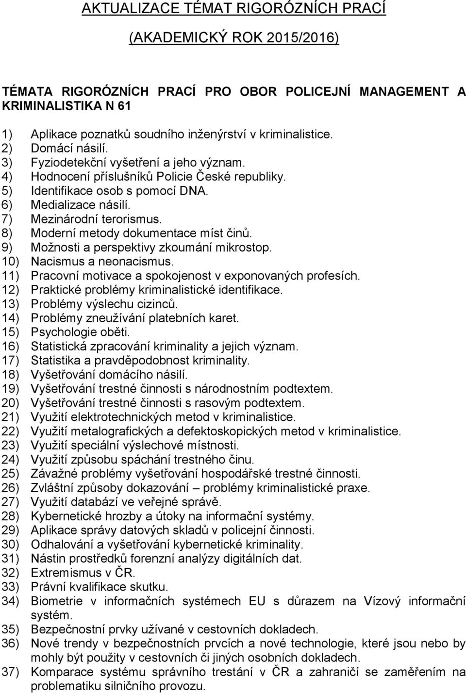 8) Moderní metody dokumentace míst činů. 9) Možnosti a perspektivy zkoumání mikrostop. 10) Nacismus a neonacismus. 11) Pracovní motivace a spokojenost v exponovaných profesích.