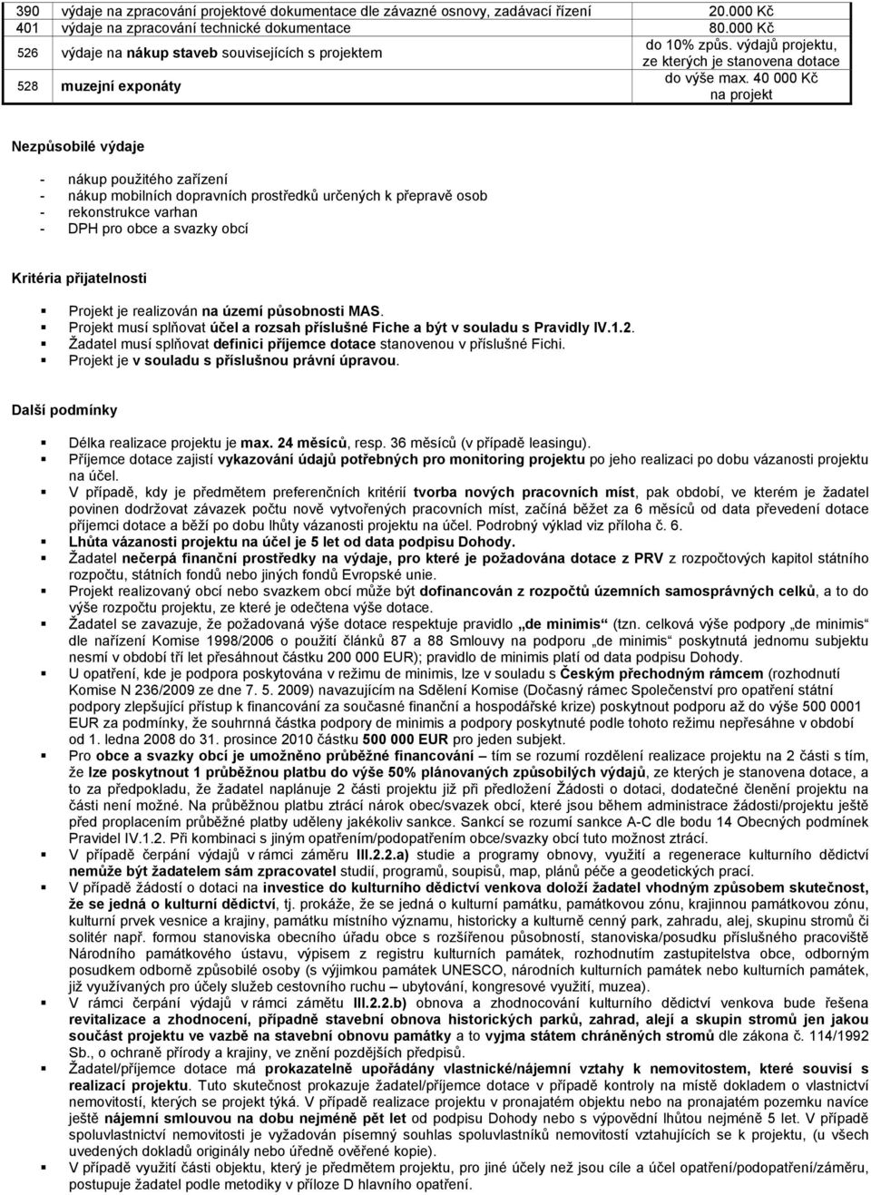 40 000 Kč na projekt Nezpůsobilé výdaje - nákup použitého zařízení - nákup mobilních dopravních prostředků určených k přepravě osob - rekonstrukce varhan - DPH pro obce a svazky obcí Kritéria