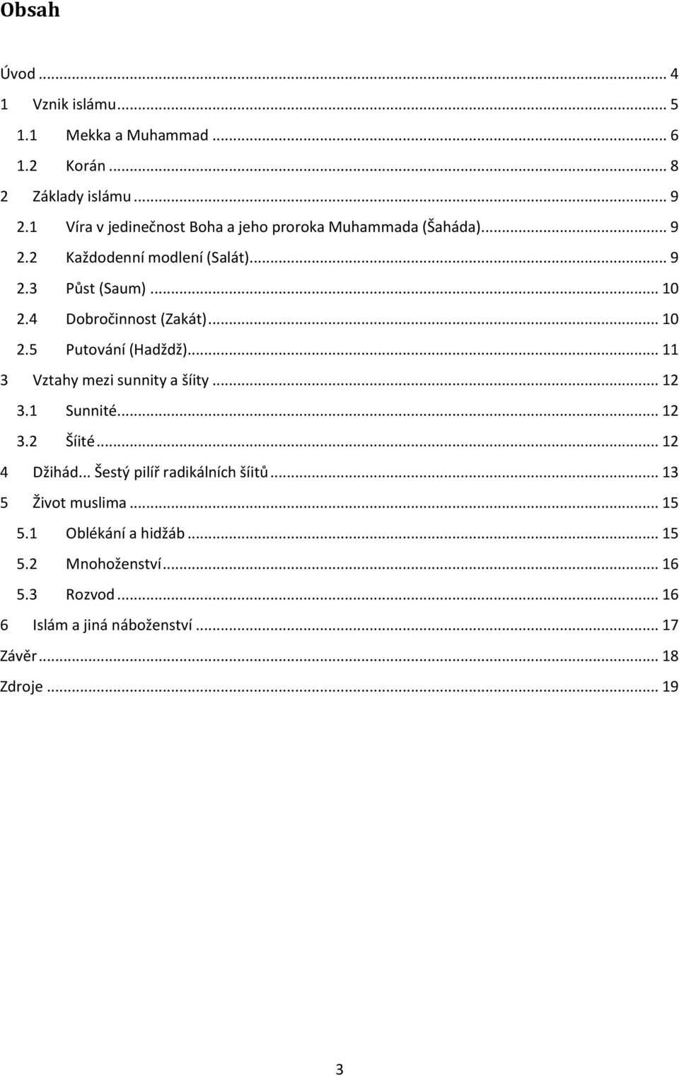 4 Dobročinnost (Zakát)... 10 2.5 Putování (Hadždž)... 11 3 Vztahy mezi sunnity a šíity... 12 3.1 Sunnité... 12 3.2 Šíité... 12 4 Džihád.