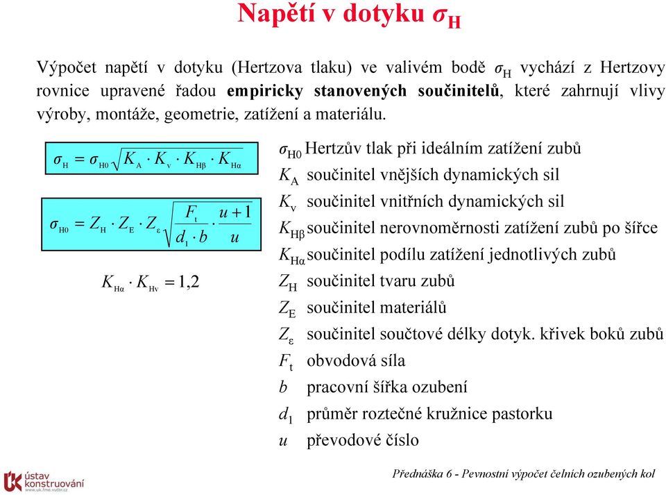 H H0 Z H0 H K K Z E A K Z ε v K Hα Hv K F u + 1 t d b u 1 1,2 Hβ K Hα H0 Hertzův tlak při ideálním zatížení zubů K A součinitel vnějších dynamických sil K v součinitel vnitřních