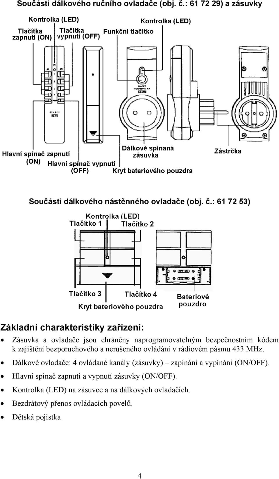 : 61 72 53) Základní charakteristiky zařízení: Zásuvka a ovladače jsou chráněny naprogramovatelným bezpečnostním kódem k zajištění