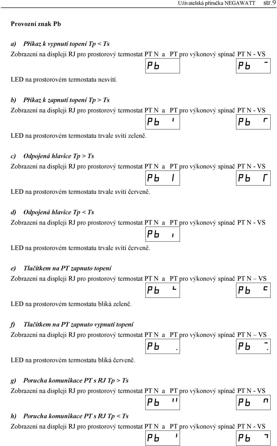 b) Příkaz k zapnutí topení Tp > Ts Zobrazení na displeji RJ pro prostorový termostat PT N a PT pro výkonový spínač PT N - VS LED na prostorovém termostatu trvale svítí zeleně.