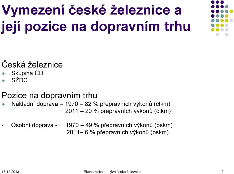 2011 20 % přepravních výkonů (čtkm) Osobní doprava - 1970 49 % přepravních výkonů