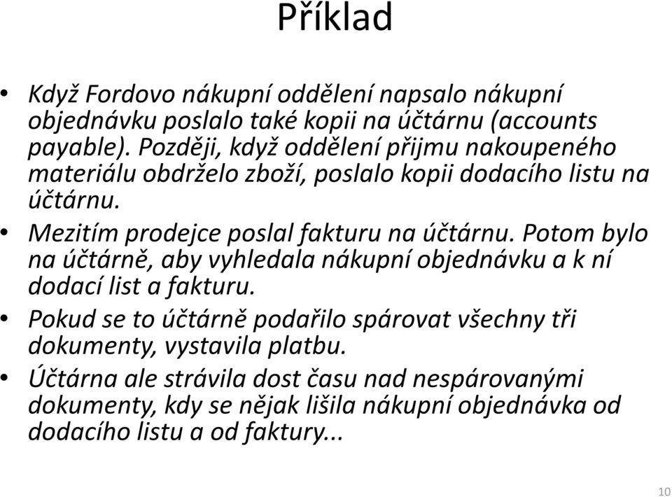 Mezitím prodejce poslal fakturu na účtárnu. Potom bylo na účtárně, aby vyhledala nákupní objednávku a k ní dodací list a fakturu.