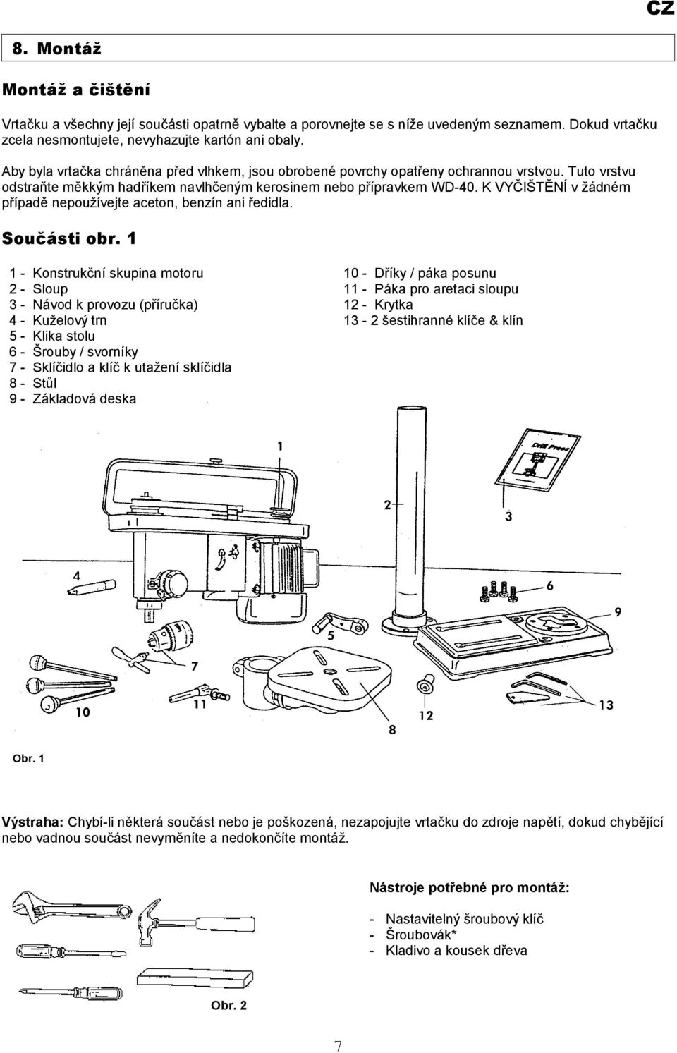 K VYČIŠTĚNÍ v žádném případě nepoužívejte aceton, benzín ani ředidla. Součásti obr.