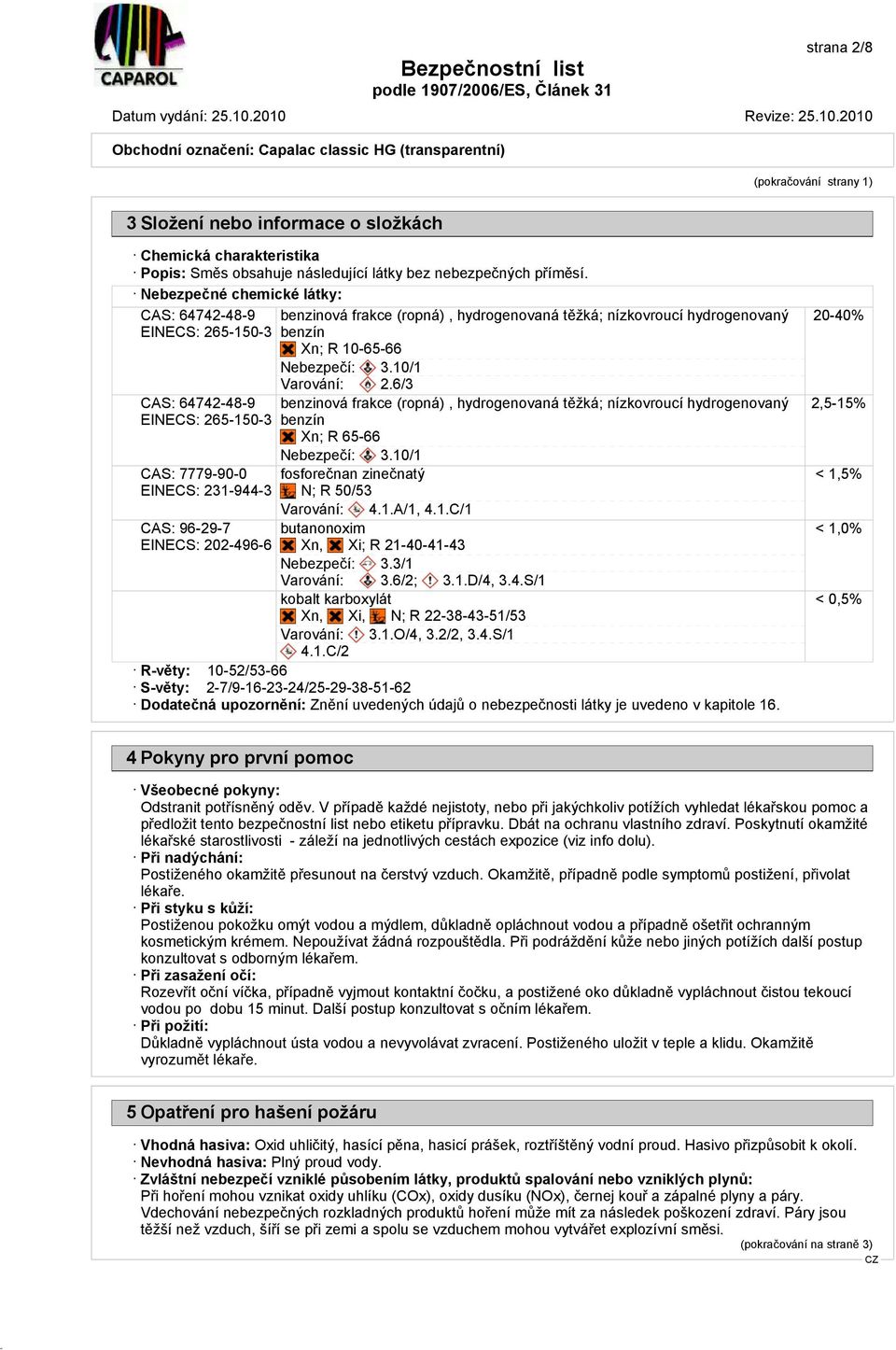 těžká; nízkovroucí hydrogenovaný benzín Xn; R 10-65-66 Nebezpečí: 3.10/1 Varování: 2.6/3 benzinová frakce (ropná), hydrogenovaná těžká; nízkovroucí hydrogenovaný benzín Xn; R 65-66 Nebezpečí: 3.