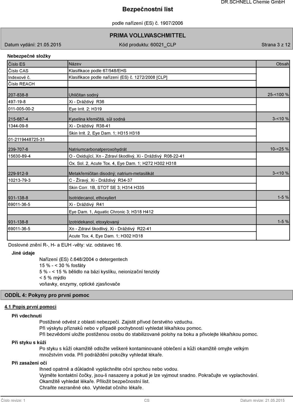 2; H319 215-687-4 Kyselina křemičitá, sůl sodná 3-<10 % 1344-09-8 01-2119448725-31 Xi - Dráždivý R38-41 Skin Irrit. 2, Eye Dam.