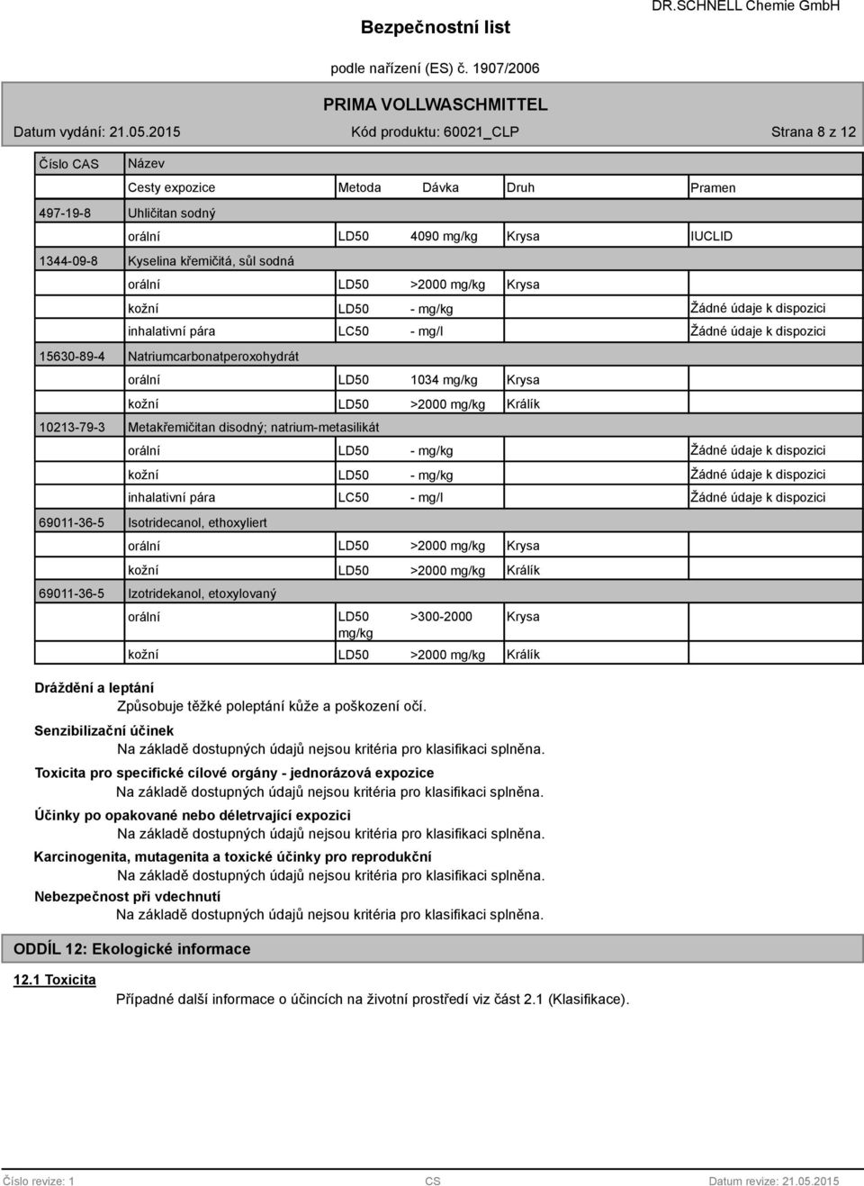 10213-79-3 Metakřemičitan disodný; natrium-metasilikát orální LD50 - mg/kg Žádné údaje k dispozici kožní LD50 - mg/kg Žádné údaje k dispozici inhalativní pára LC50 - mg/l Žádné údaje k dispozici